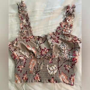 [Angie] smocked grey women’s floral ruffle strap sleeveless top size medium